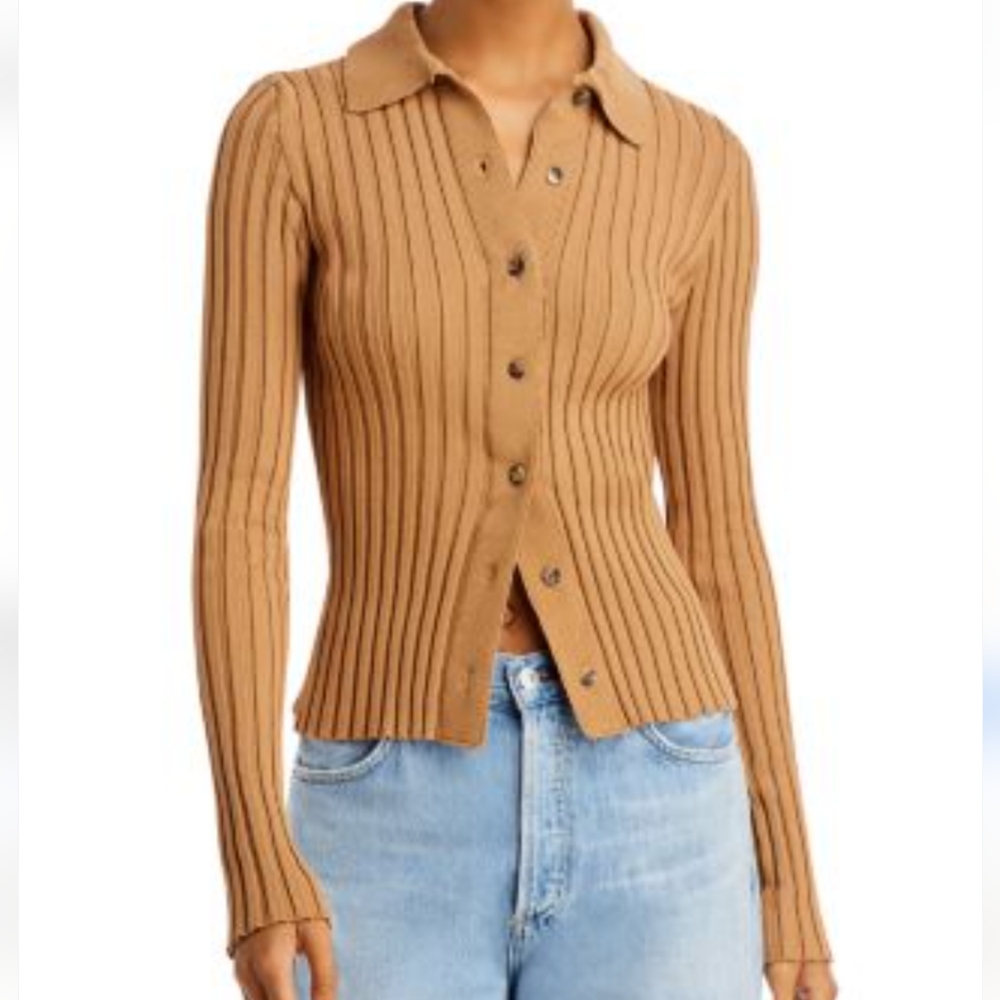 Anine Bing Ribbed Button-Front Cardigan in Camel Brown